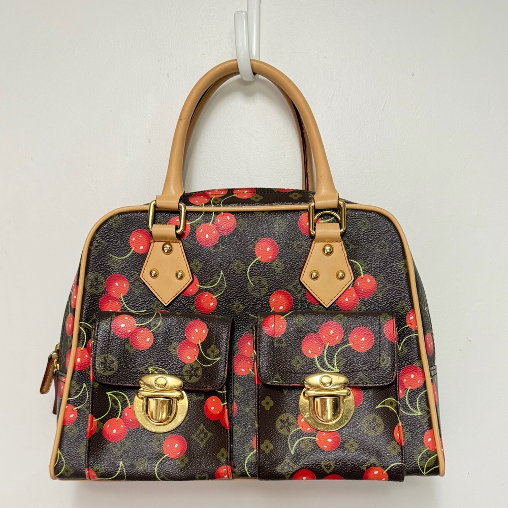 Cherry Print Satchel Handbag - Brown & Red